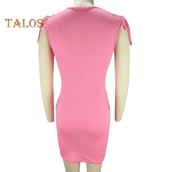 Women's V Neck Bodycon Short Dress Drawstring Sleeveless Mini Dress with Pockets Sexy Ruched Evening Dress for Cocktail Party