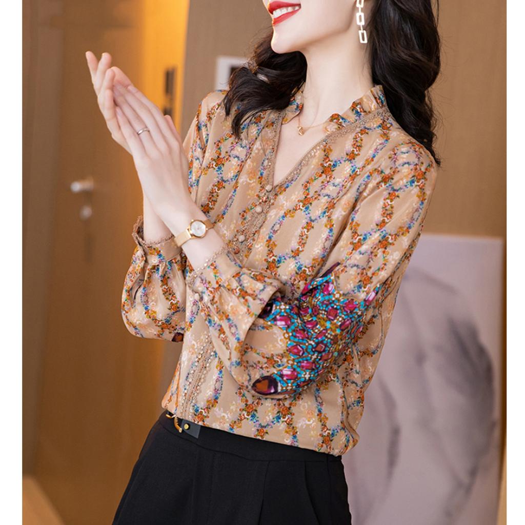 Women Stylish Floral Print Ruffle V Neck Blouse Elegant Chic Sequins Lace Patchwork Chiffon Shirt Casual Long Sleeve Loose Tops