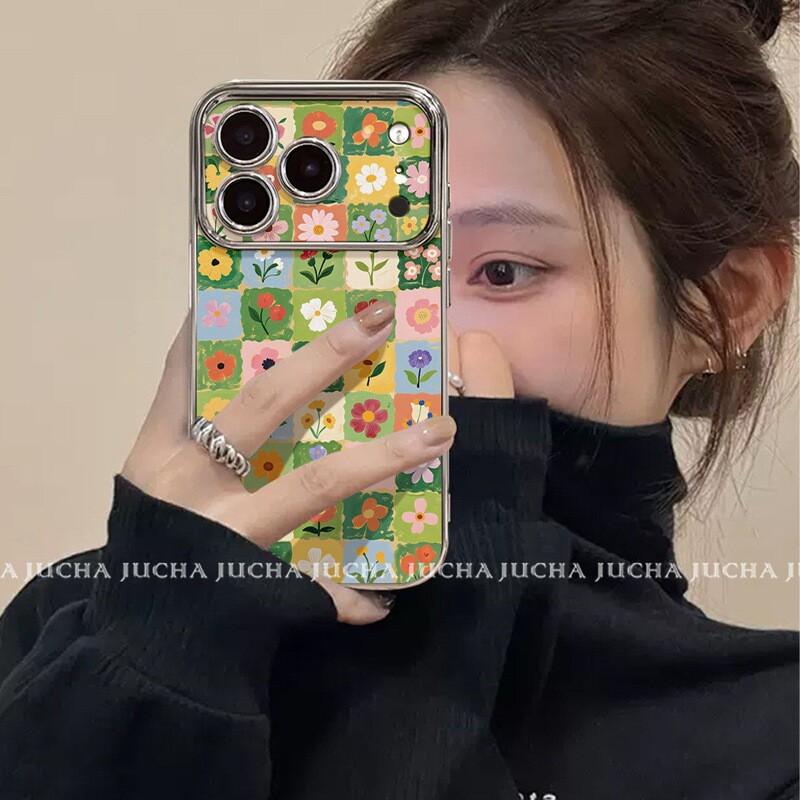 Stylish Grid Floral Phone Case IPhone 17 Pro 16 Plus Minimalist Luxury Design Slim Fit Soft TPU Bumper iPhone 17