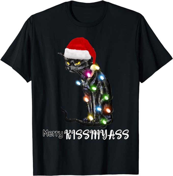 Merry Kissmyass Funny Cat Christmas Lights T-Shirt Xmas Costume Gifts Kitty Lover Graphic Outfits Cute Kitten Saying Tee Y2k Top