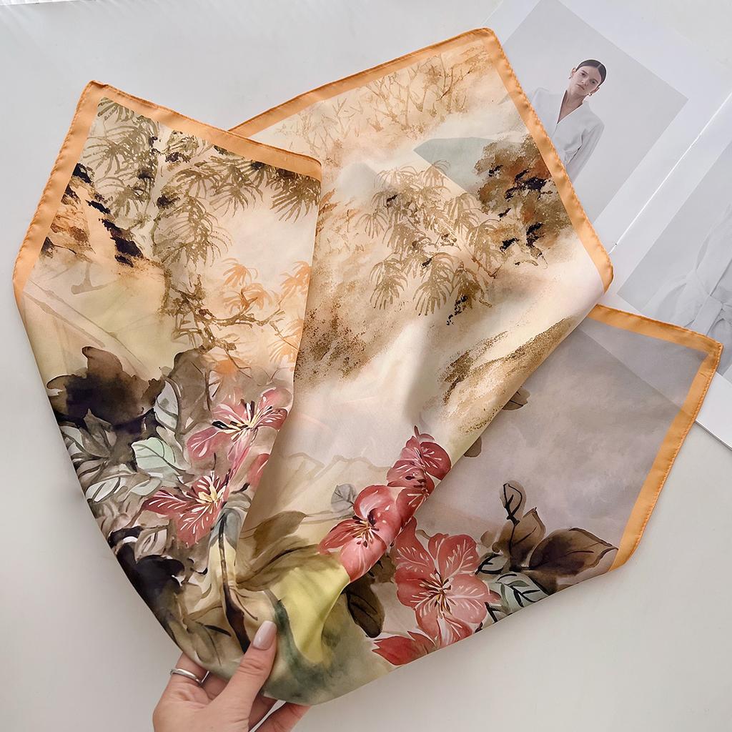 Spring and Summer New Simulated Silk Silk Scarf Printed Small Square Scarf Plant Flower Versatile Fashion Decorative Bag Binding Headband Silk Scarf
