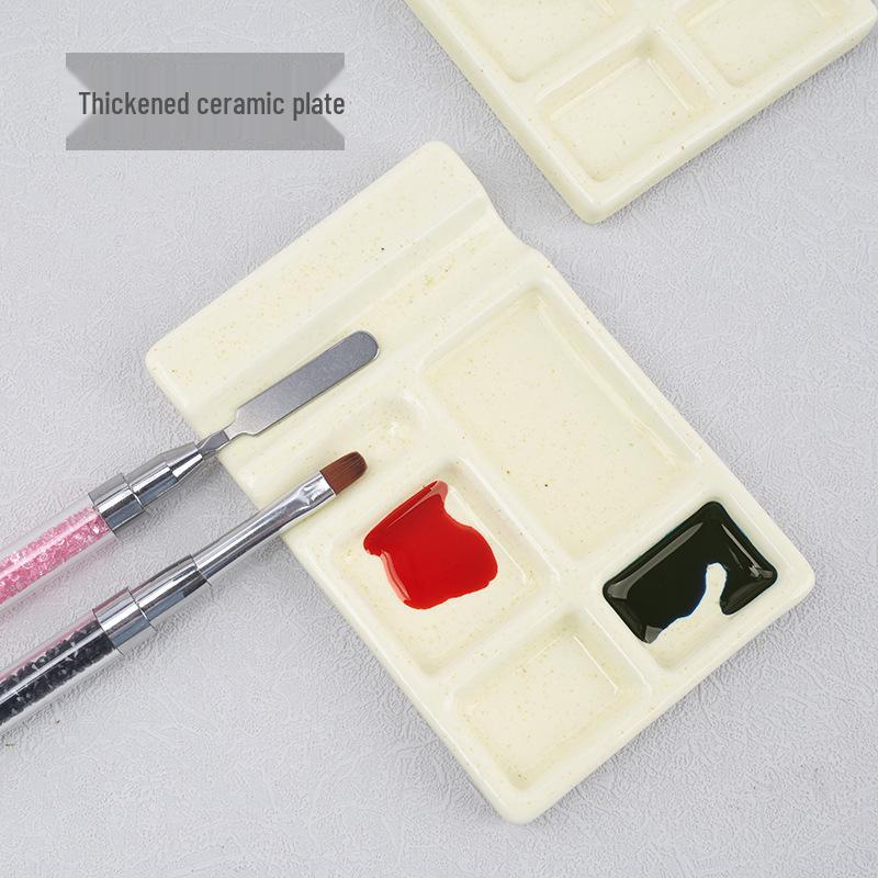Nail Art Palette with Brush Holder: Multi-functional Ceramic Tool for Polish, Glue, and Watercolor Blending.
