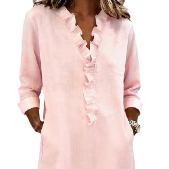 Sommerkleid für Damen Lässig Rüschenbesatz V-Ausschnitt A-Linie Midi-Kleid Langarm Urlaubs-Reise-Outfit mit Taschen