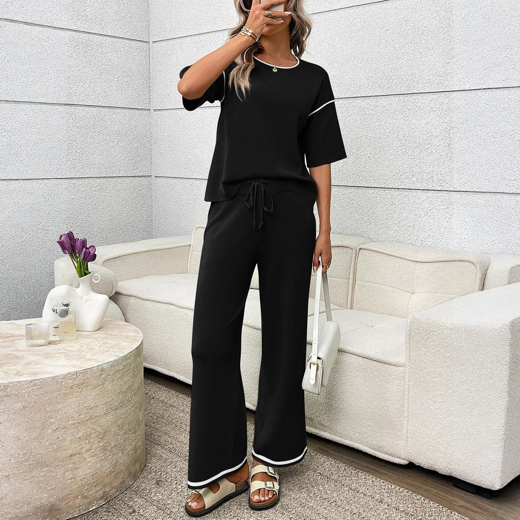 Dámský módní barevný kulatý výstřih krátký rukáv Top, Kalhoty Ležérní dvoudílná sada