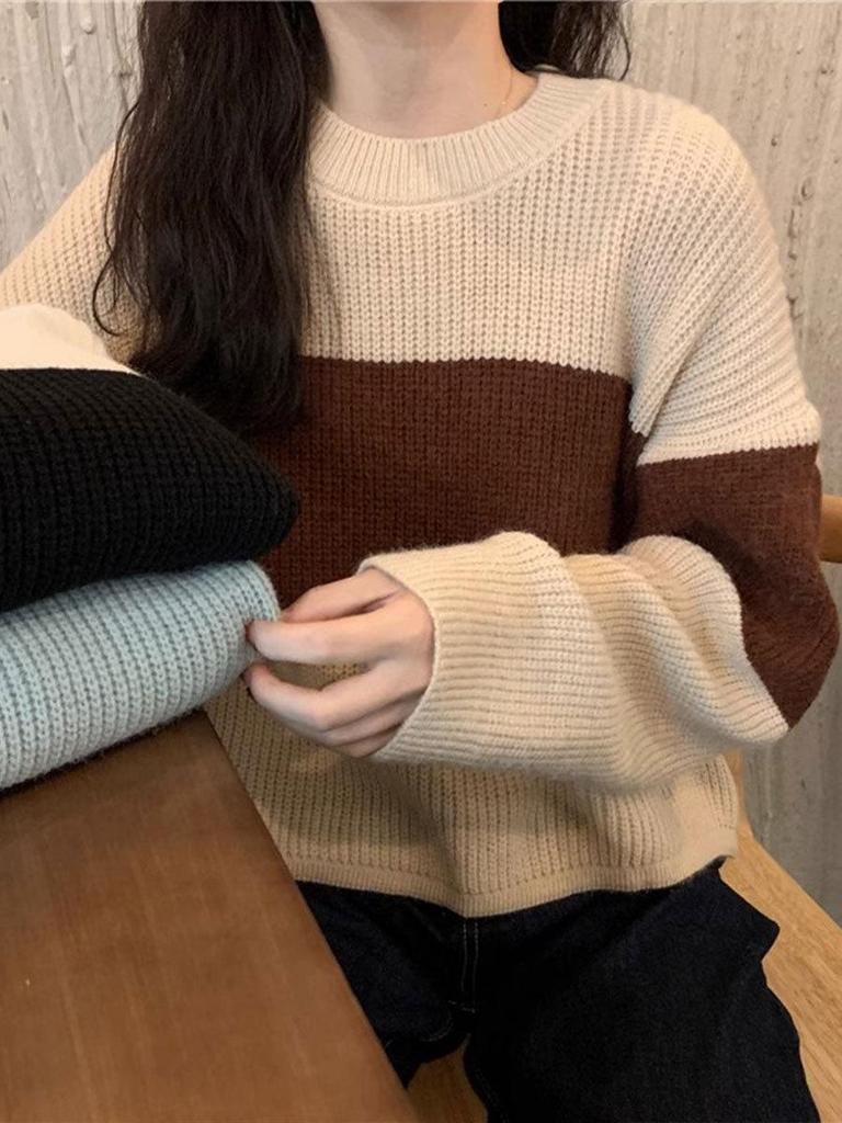 Women's Versatile Striped Color Block Round Neck Sweater - Slimming Long Sleeve Knit Top for Autumn & Winter