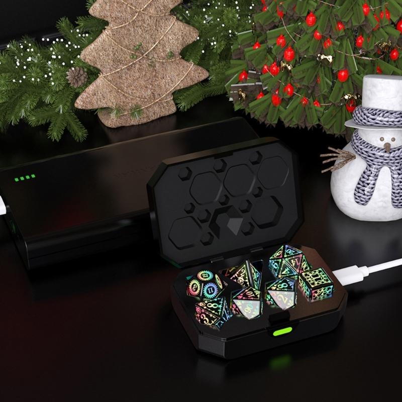 7 Pcs LED Light Electronic Dices with Charging Box Rechargable Glowing Polyhedral Dices Table Game Dices Durable
