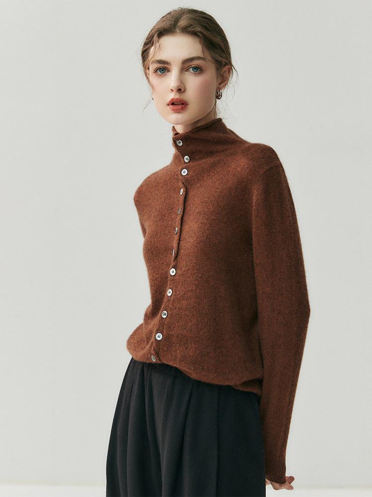 Damen Kaschmir-Strickjacke mit gerolltem Saum - Herbst/Winter Neuheit; Weicher, vielseitiger einreihiger Rollkragenpullover mit mehrknöpfigen langen Ärmeln