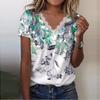 Women Casual Loose Shirts V Neck Short Sleeve Flower Print Lace Tops T-shirts Tee