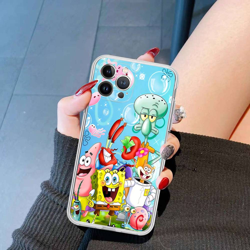 Cartoon Niedlich S-SpongeBob Anime Handyhülle Für IPhone 11 13 16 12 17 14 15 Pro Max Plus Weiche Klare Rückseite Hülle