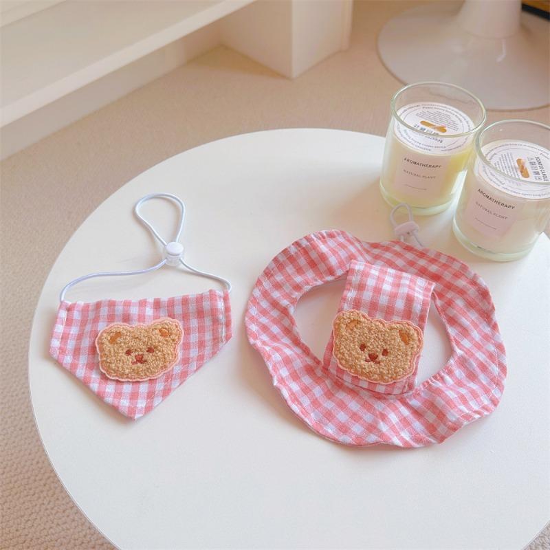 Plaid Bear Print Pet Hat And Triangular Bib Set For Cats And Dogs