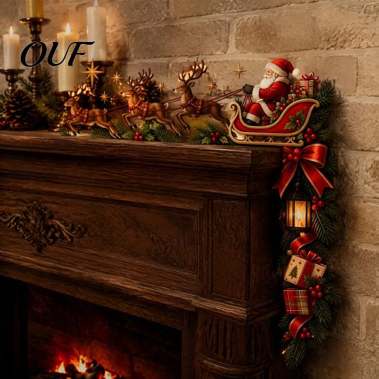 Rustic Holiday Home Accents Christmas Door Topper, Funny Santa Claus Reindeer Sleigh Frame Seasonal Decorative Corner Piece Sign, Wooden Decor