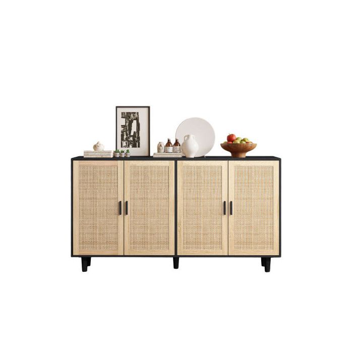 Meuble de rangement - MUVOE - 4 portes - Noir - Rotin - Étagère réglable