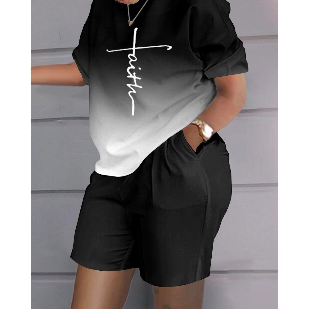 Elegante T-shirt+Pantaloncini da Donna Set 2 Pezzi Moda Estiva Pantaloncini Top Stampa Tuta Casual Femminile Conjuntos De Mujer 2 Piezas
