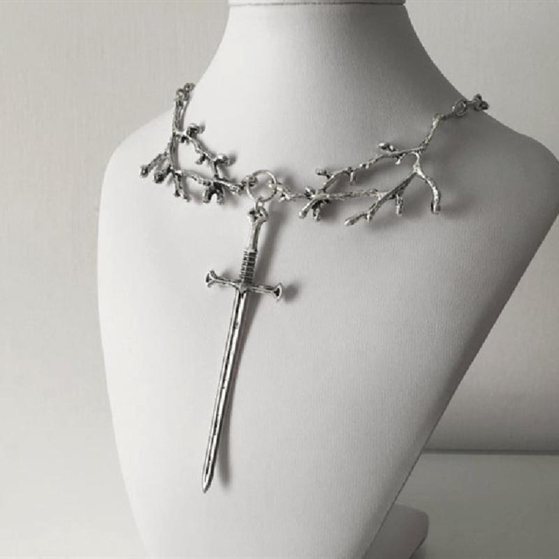 Punk Sword-Pendant Necklace Gothic Tree Branch Chain Sword-Hip Hop Silver Y2k Necklace Jewelry Medieval-Ornament Gifts