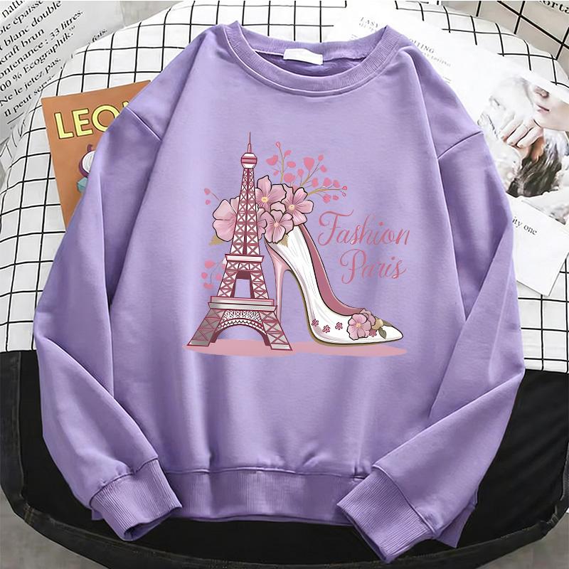 Mode Paris Print Y2k Damen Kapuzenpullover 90er Langarm Warmes Fleece Sweatshirt Weicher Rundhals Pullover Freizeit Damenbekleidung