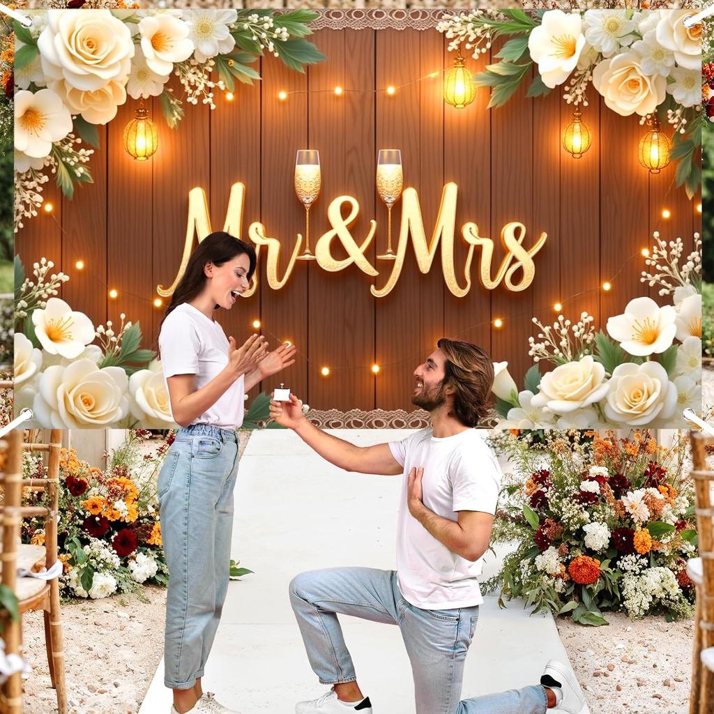 Mr & Mrs Wedding Backdrop Banner Party Decorations Engaged Banner Photo Booth Props Wedding Shower Party Decoration for Reception Bridal Shower