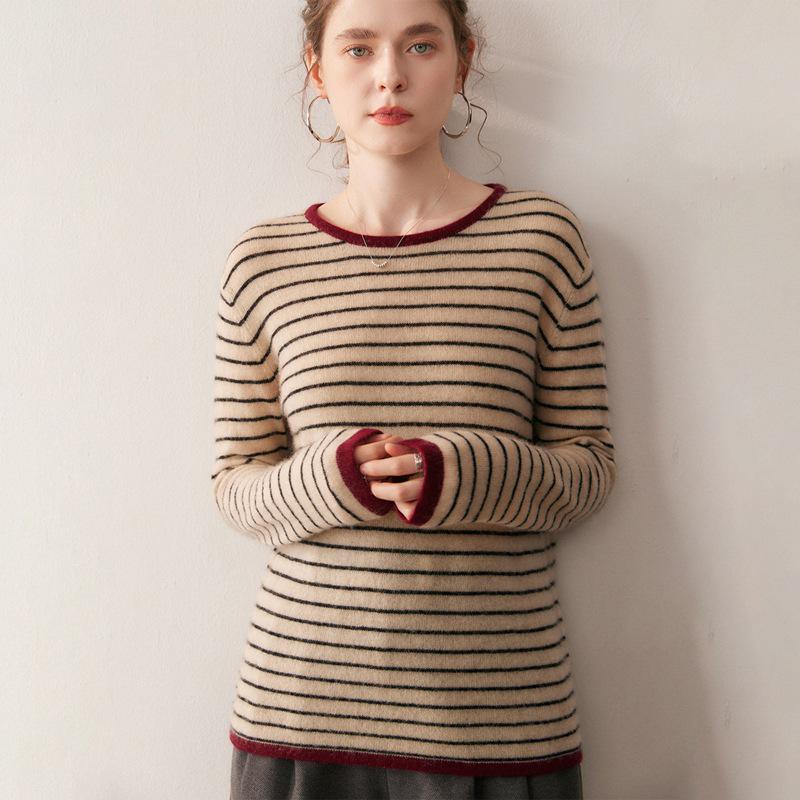 Cashmere Blend Women's Round Neck Color Block Stripe Knitwear: Loose, Elegant, Casual Autumn/Winter Pullover.