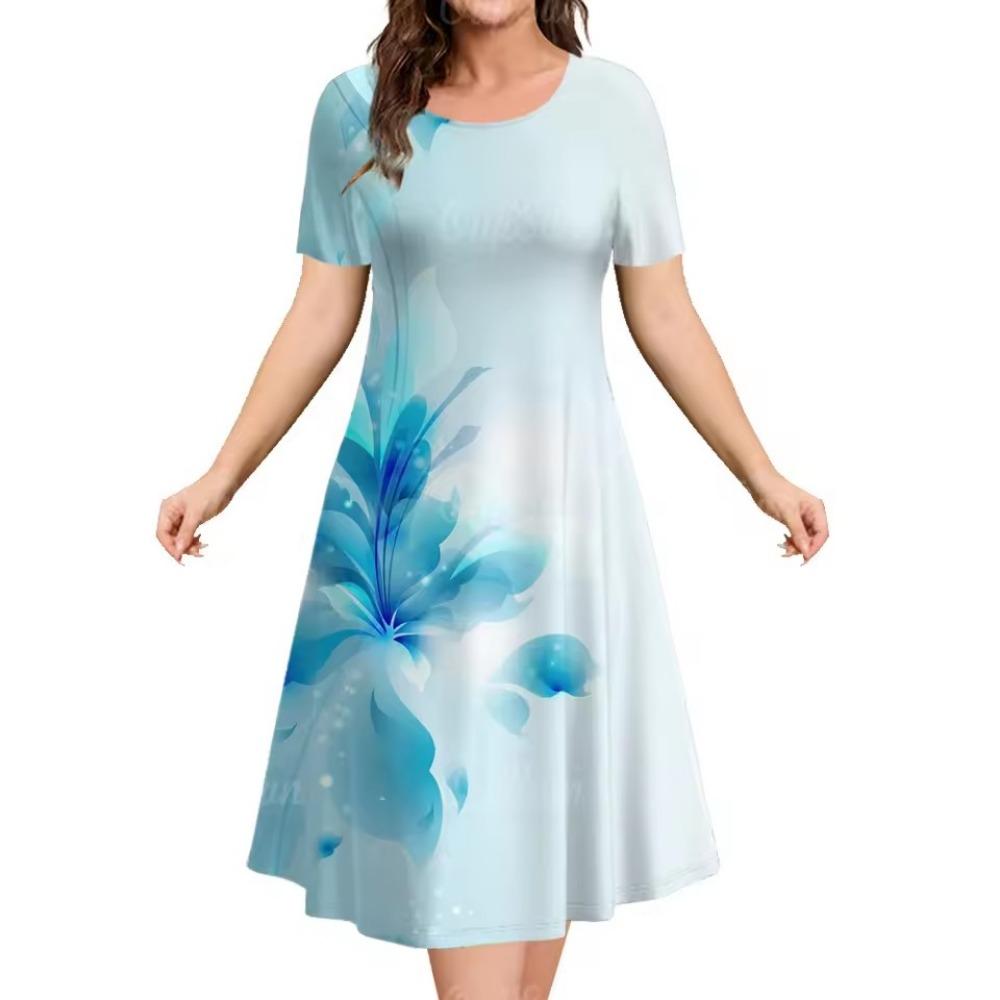 Summer Floral Print Dress round Neck Short Sleeve A-Line Skirt Elegant Women's Floral Skirt Casual Chic Lady's Clothing