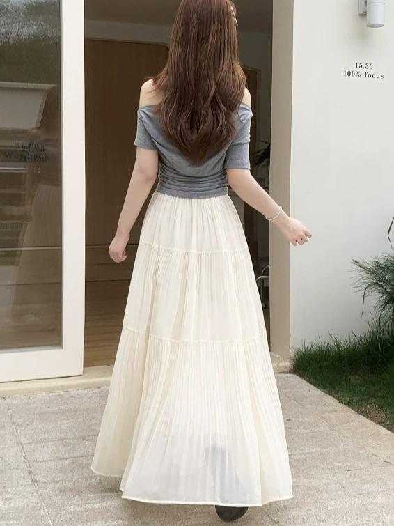 

Spring and Summer New pleated A-line skirt in the long high waist thin gauze skirt Lady Girl Skirt Chic Elegant Long Skirt XS бежевий