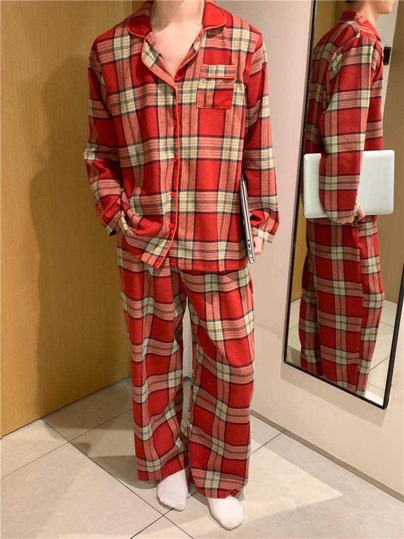 

Корейская пара красная клетка кружево длинный рукав пижама One Size