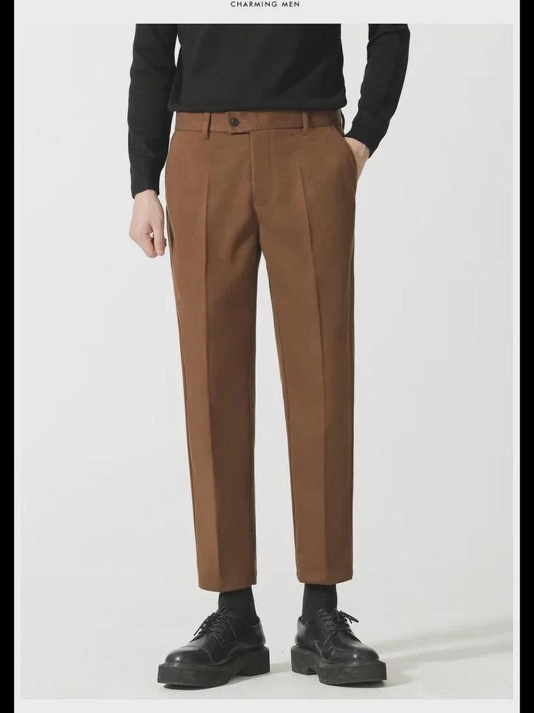 Men’s Casual Woolen Nine-Point Trousers - Autumn Business Loose Fit, Solid Color, Trendy Design.