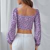 European and American women's floral shirt women's summer retro square collar top one-word collar shirt one-word shoulder top women