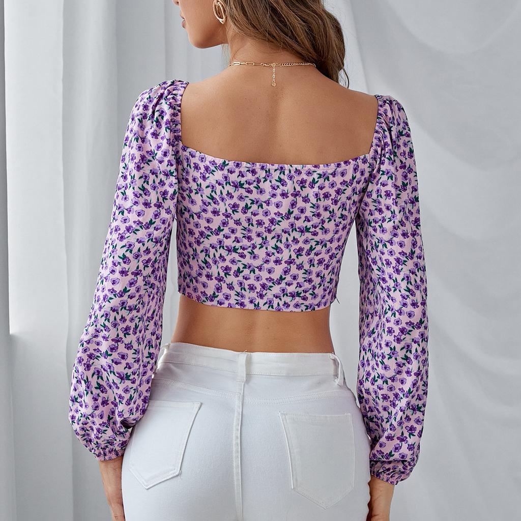 European and American women's floral shirt women's summer retro square collar top one-word collar shirt one-word shoulder top women