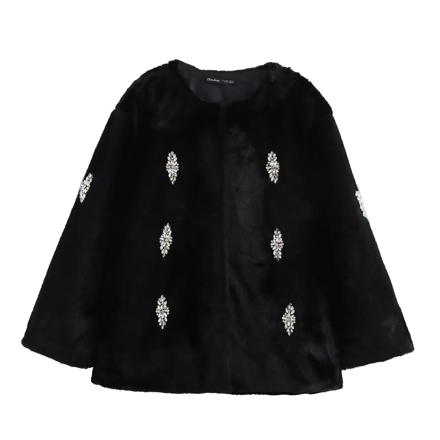 

2025 Early Spring Women s Jacket with Beaded Faux Fur Effect S чорний