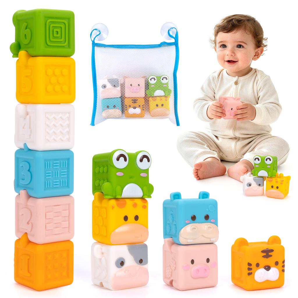 3D Cube Animal Stacking Toys Baby Soft Silicone Building Blocks Toys Bath Toys Toddler Early Educational Sensory Montessori Toys