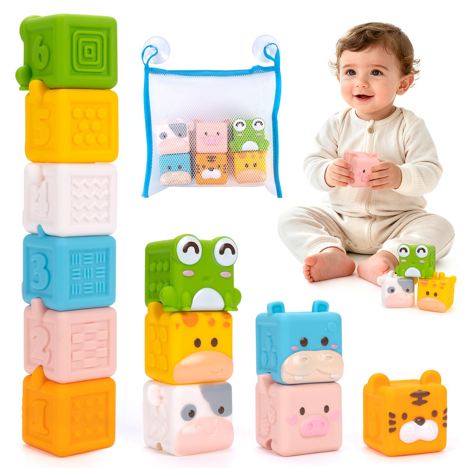 3D Cube Animal Stacking Toys Baby Soft Silicone Building Blocks Toys Toddler Early Educational Sensory Montessori Toys Bath Toys