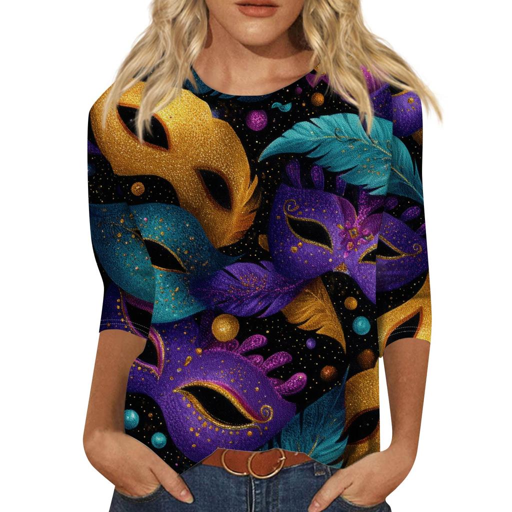 Women's Fashionable Casual Three-Quarter Sleeve Carnival Print  Neck Top