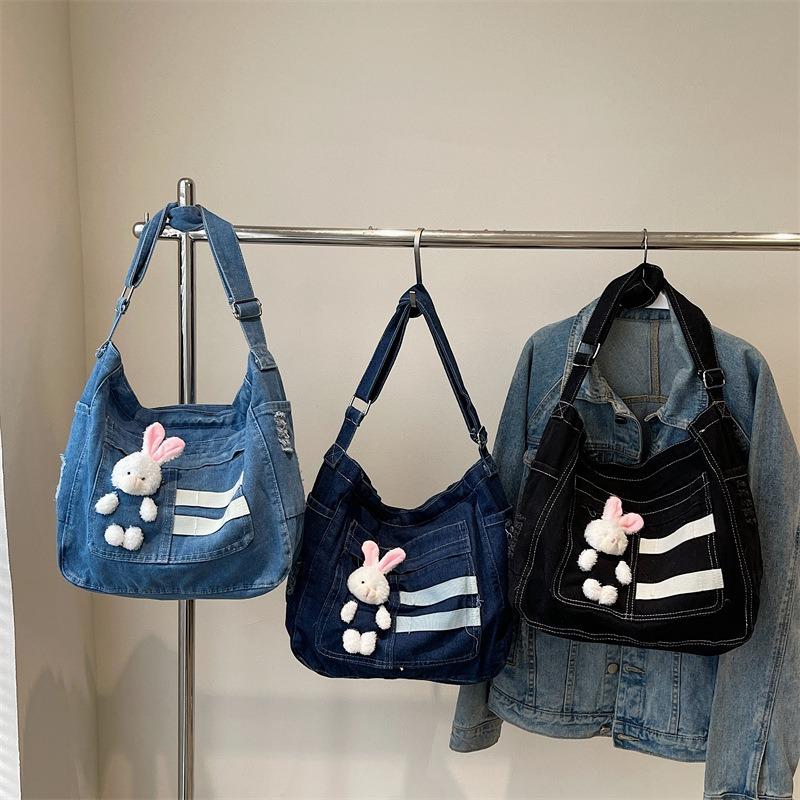 Wenyi Fan Large Capacity Shoulder Women's Bag Middle School Student Class Denim Crossbody Bag Commuter Work Handbag Women