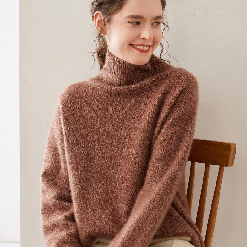 Women's Heathered Cashmere Sweater - High Neck, Raglan Sleeves, Soft & Skin-Friendly, Loose Knitwear