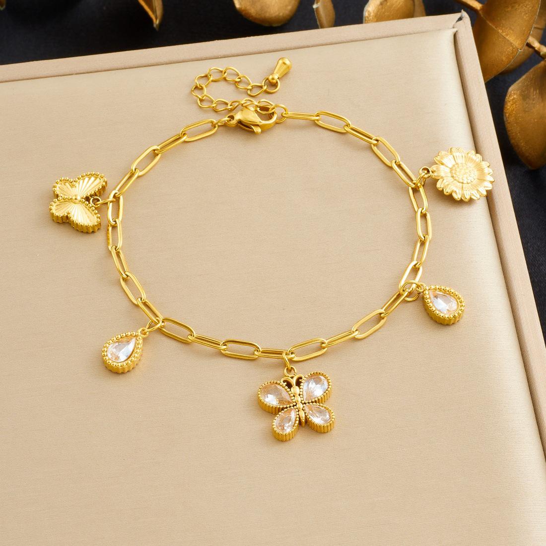 Модный позолоченный кулон-подвеска подсолнух и бабочка со стразами на цепочке из нержавеющей стали, набор ювелирных изделий с крестом