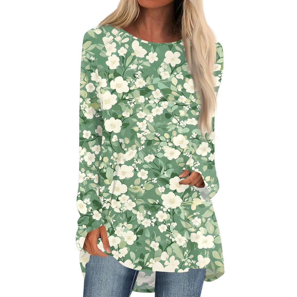 Women's Fashion Casual Long Sleeve Print Round Neck Pullover Top Blouse