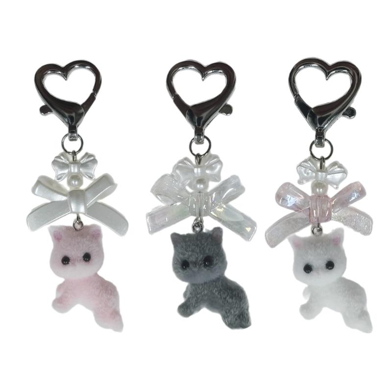 Flocking Animal Cartoon Keychain 3D Cat Shape Key Chain Fashionable Bowknot Pendant Phone Decorations for Women and Girl