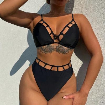 Costume da bagno da donna Costume da bagno da spiaggia bikini sexy a vita alta nero vuoto