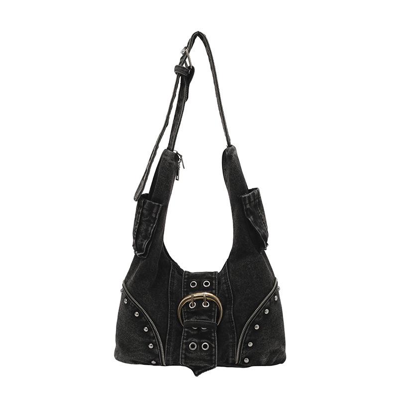Denim Crossbody-Tasche mit Nieten, ein Schultergurt - Vielseitig, Mehrere Taschen, Große Kapazität Handtasche