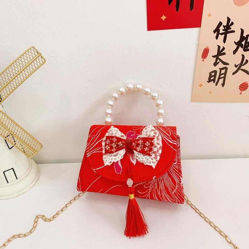 Adorable Red Shimmering Bow Pearl Children's Shoulder Bag For New Year Celebrations
