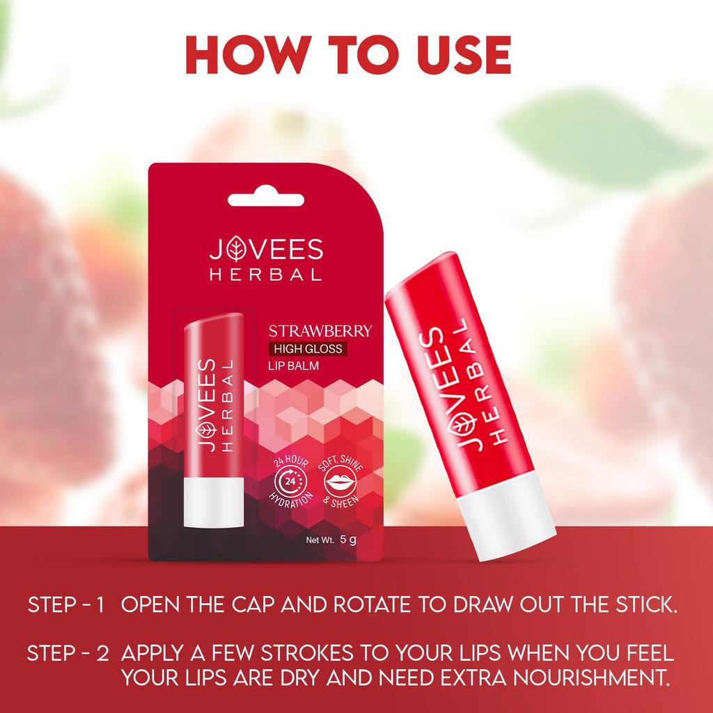 Jovees Herbal Strawberry High Gloss Lip Balm 5g For Soft Supple Lips 24 Hour Hydration And Natural Nourishment