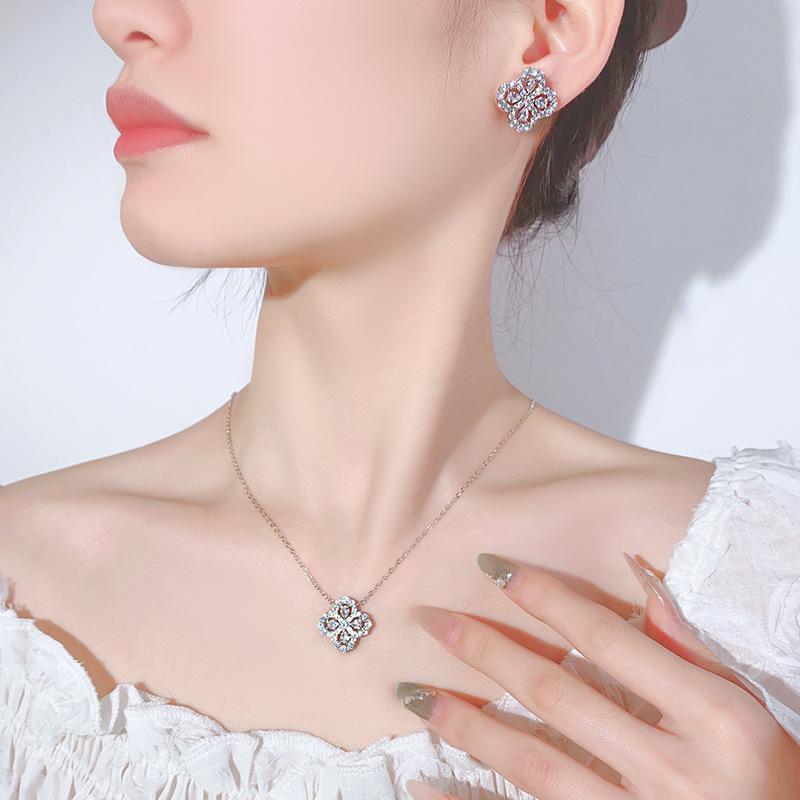 Huamei Jewelry Set Earstuds S925 Silver Needle Necklace With Zircon Clover Clavicular Chain Fashionable Versatile Women