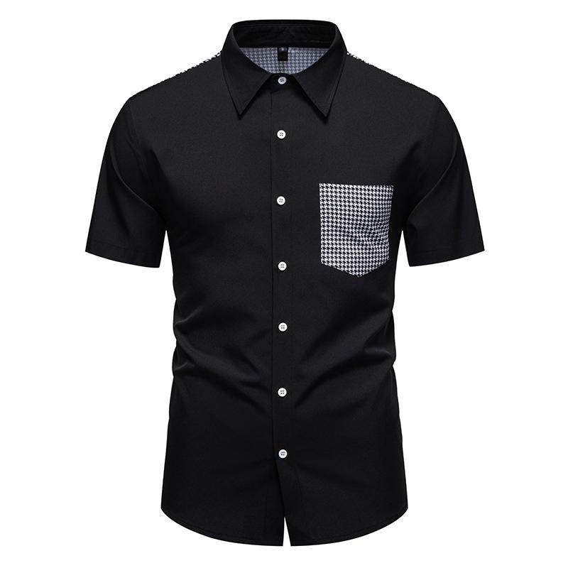 

Menswear Clothing Plaid Patchwork Pocket Designer Summer Tops Short Sleeve Man Camisas Social Business Shirts Streetwear S чёрный