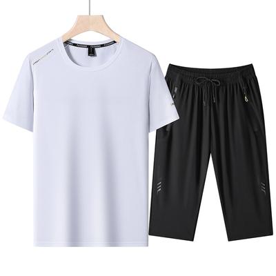 Zomer IJszijde Ronde Hals Korte Mouw Pak Heren Buiten Sport Los Sneldrogend T-shirt Cropped Broek Tweedeelig Pak