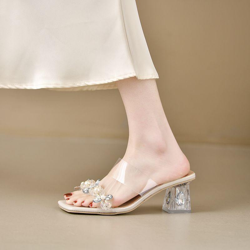Delicate Rhinestone Transparent Cool Slippers Girl 2025 Summer Fairy Style Temperament High Heels Square Head Thick Heel Crystal Sandals