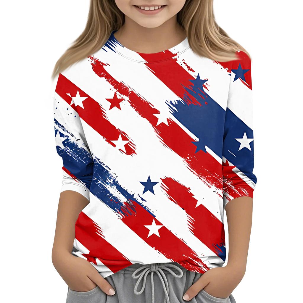 Dziecięce bluzki z rękawem 3/4, casualowy T-shirt z nadrukiem, okrągły dekolt, bluzka typu pulower