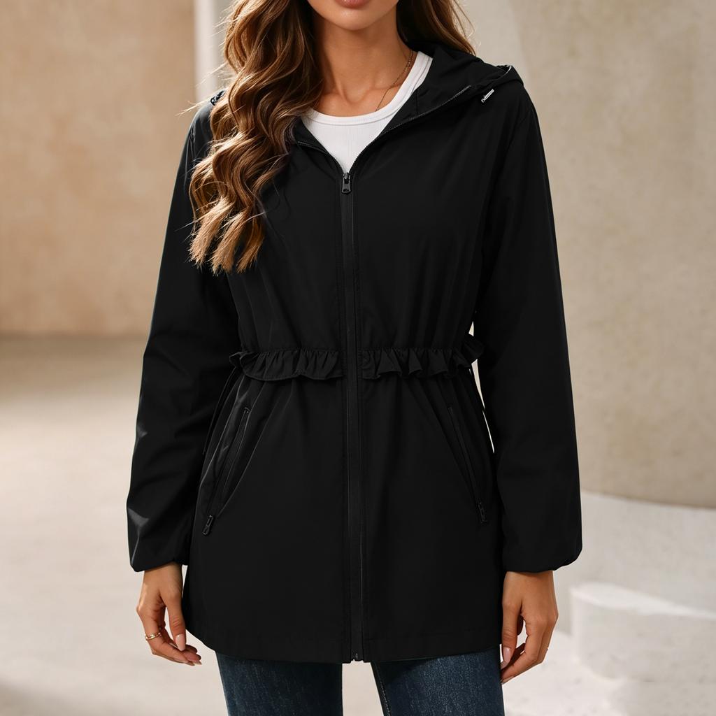 Wasserdichte Regenjacke für Damen mit Kapuze, Windjacke, Leichte, Wasserabweisende Jacke mit Taschen, Verstellbare Taille für Outdoor-Aktivitäten