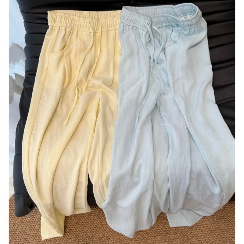 

Casual Linen Pants Children Drooping Wide-Leg Pants Fat Sister mm High Waist Loose and Slimming Cool Pants Yellow Cotton and Linen Trousers Aqua blue Suggestion 40-47.5kg