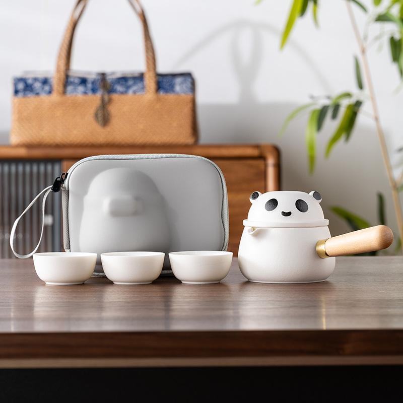 

Guochao cultural and creative side handle a pot of three cups of travel tea set light luxury