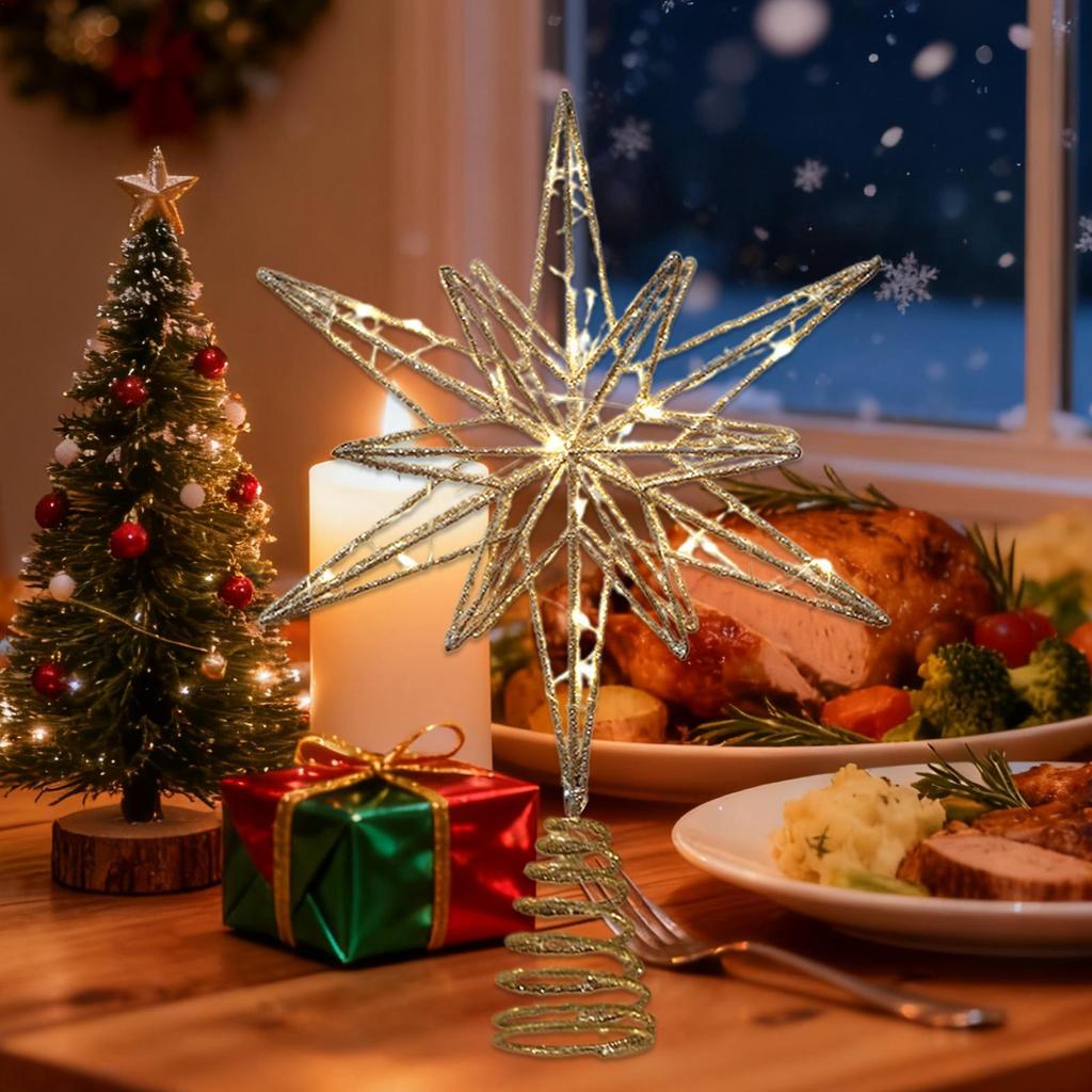 Christmas Tree Topper Winter Holiday Treetop Decorations Pre-Lit Glittered Star Treetop for New Year Office Indoor Home Bar Shop