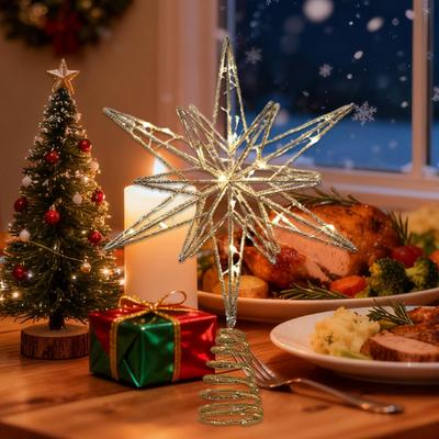 Christmas Tree Topper Winter Holiday Treetop Decorations Pre-Lit Glittered Star Treetop for New Year Office Indoor Home Bar Shop